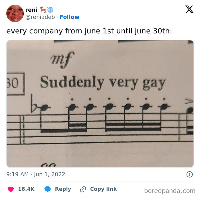 Screenshot of an LGBTQ+ meme showing a music sheet with the phrase Suddenly very gay, highlighting LGBTQ+ memes humor.