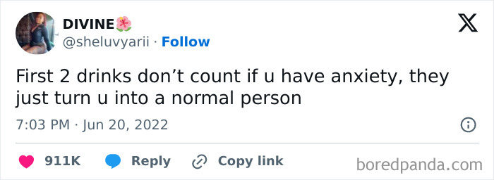Tweet about social anxiety humor stating first two drinks turn anxious people into normal ones, with many likes and retweets.