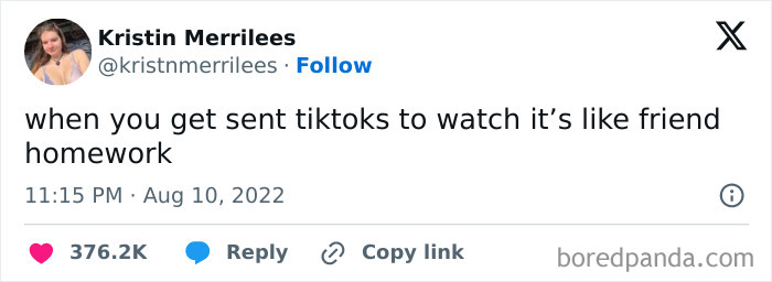 Screenshot of a relatable friendship meme tweet about watching TikToks feeling like friend homework, showcasing humor in friendship memes.