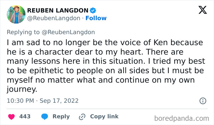 Tweet by Reuben Langdon announcing he lost his job as the voice of Ken, reflecting on lessons learned from his situation.