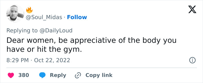 Tweet advising women to appreciate their bodies or work out at the gym, related to butt surgery and implant issues. - 19