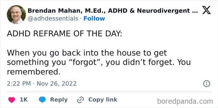 Tweet by Brendan Mahan about ADHD reframe, offering relatable insight for neurodivergents on memory and understanding ADHD.
