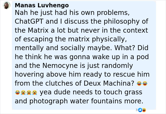 Comment from Manas Luvhengo discussing ChatGPT's influence on mindset and perception, with emojis expressing laughter and shock.