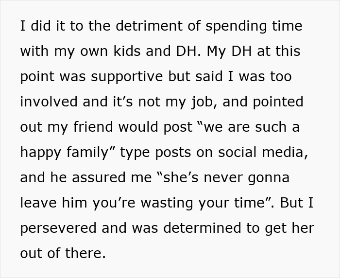 Text excerpt describing struggle to help a friend trapped in an abusive marriage despite doubts and social media posts.