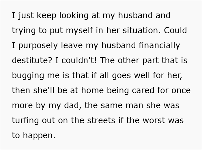 Text excerpt showing a woman reflecting on leaving her partner homeless if she dies, stressing the emotional impact.