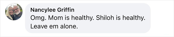 Comment from Nancylee Griffin about Shiloh Jolie-Pitt's health amid romance rumors and public attention.