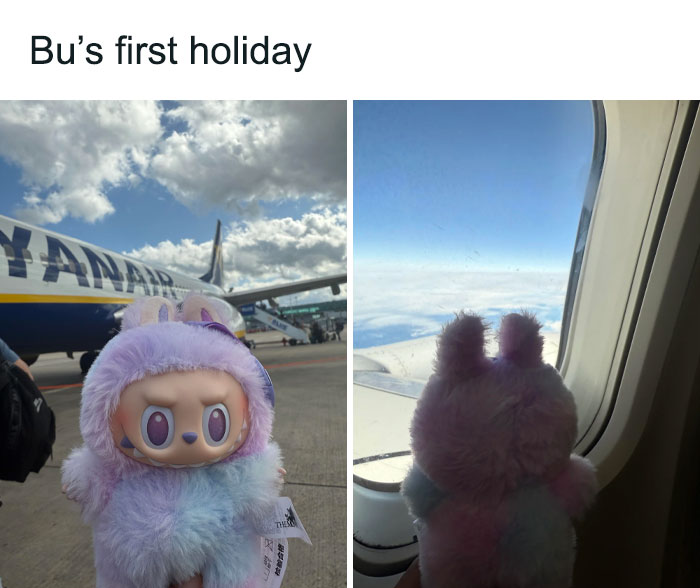 The Labubu doll dressed in pastel colors shown by an airplane and looking out an airplane window on a holiday trip.
