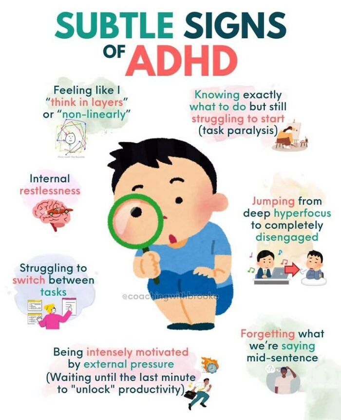 Illustration showing subtle signs of ADHD including restlessness, hyperfocus, task switching, and motivation from external pressure.