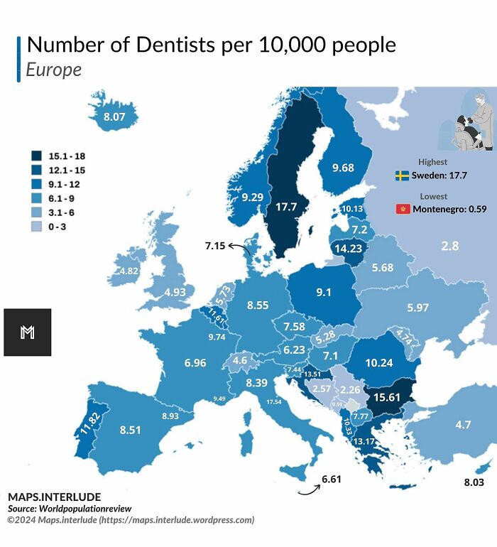Map showing number of dentists per 10,000 people in Europe with data highlights and color-coded regions by Simon Shows You Maps.