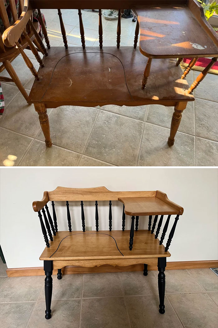 Before and after photos of furniture flipping pros restoring and upgrading a wooden bench with fresh paint and refinished wood.