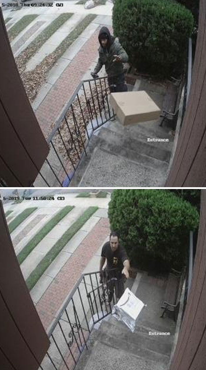 Two delivery attempts caught on camera showing packages falling off front porch steps, illustrating delivery mishaps.