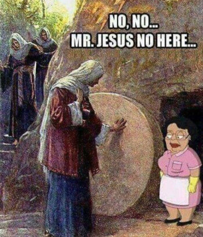 Religious scene meme with cartoon character saying no to Jesus at tomb, humorous nerdy and weird memes concept.