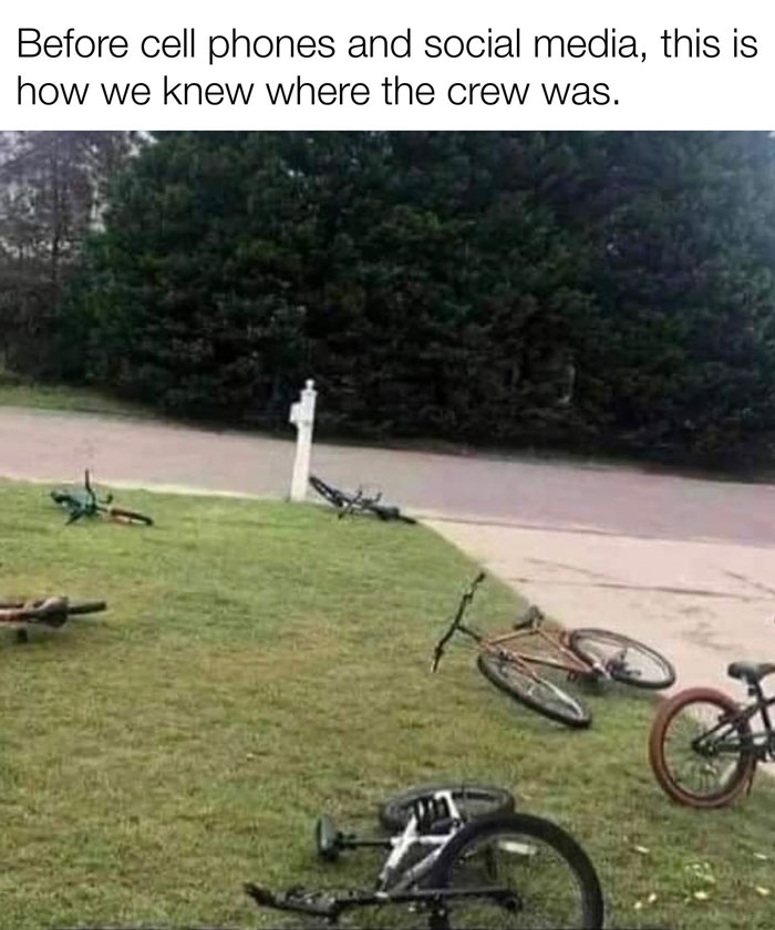 Bicycles left on a lawn showing how kids communicated before cell phones and social media, nostalgic Tamagotchis and VHS era meme.