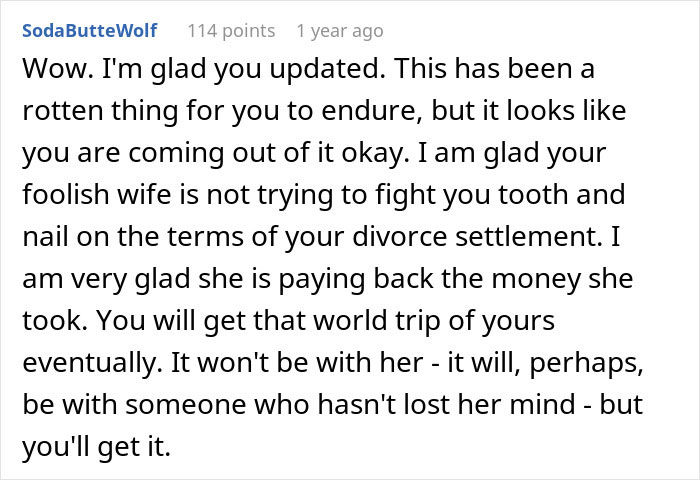 Screenshot of an online comment about a woman leaving husband to find herself and going on their dream trip alone.
