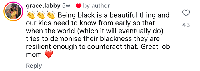 Social media comment praising mom&rsquo;s empowering reply about 2YO toddler realizing she&rsquo;s Black after daycare.