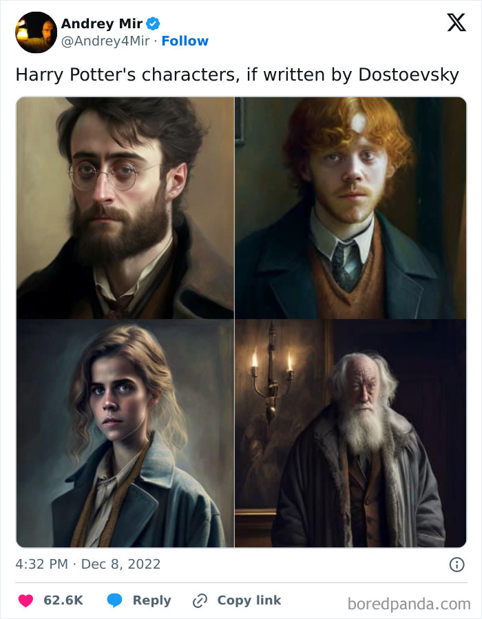 Portraits of Harry Potter characters reimagined with a dark, nihilistic style reflecting casual nihilism memes.