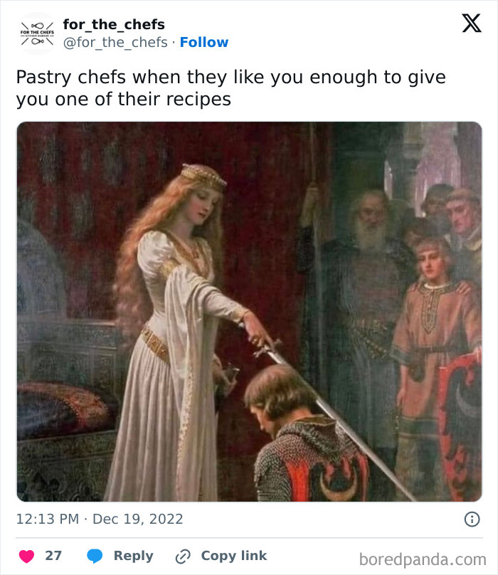 Medieval-themed chef meme showing a knight being knighted, highlighting relatable chef humor and well-done cooking jokes.