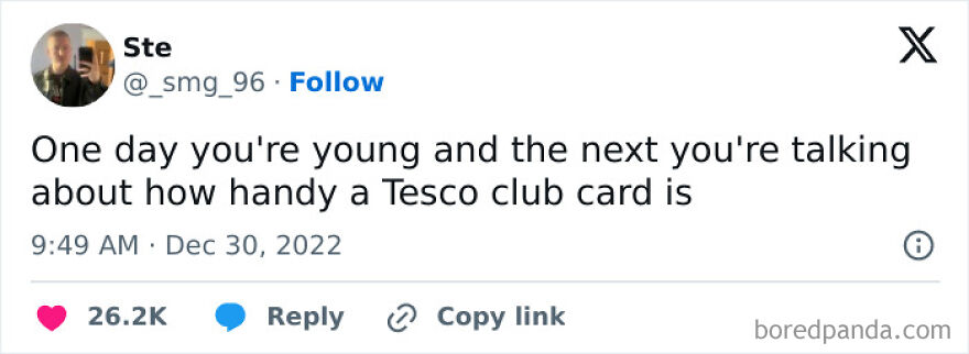 Screenshot of a British humor meme about appreciating the usefulness of a Tesco club card shared on social media.