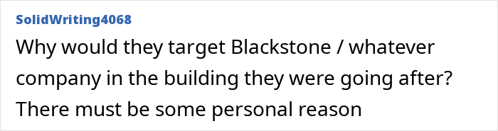 Screenshot of a forum comment questioning the targeting of a company named Blackstone in relation to a building incident.