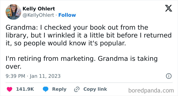 Wholesome tweet showing a grandma's funny way to make a book seem popular, highlighting kind moments between people.