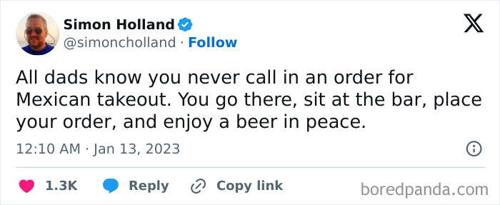 Tweet by Simon Holland humorously sharing a dad’s unwritten rule about ordering Mexican takeout and enjoying a beer.