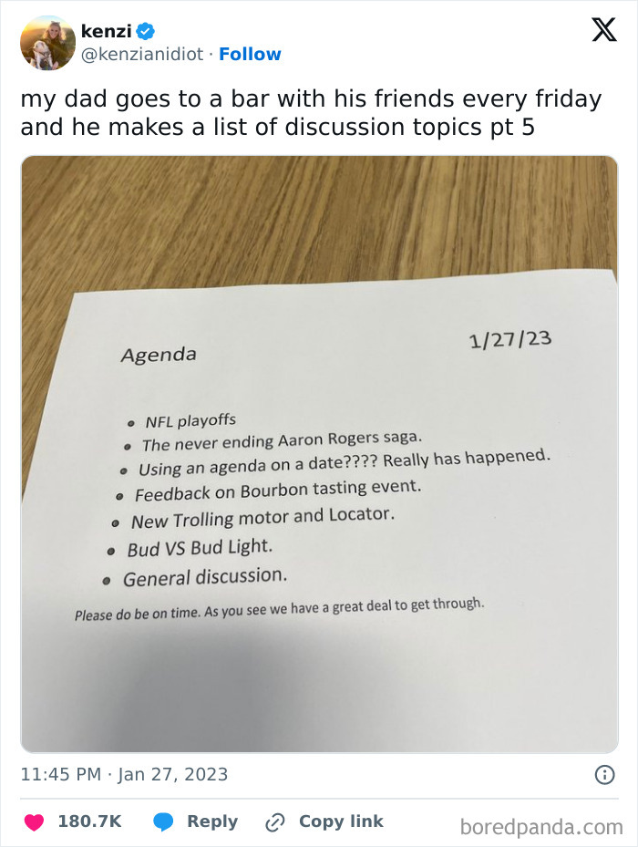Printout of a dad’s hilarious agenda for bar night with friends, showcasing witty fatherhood humor and organized discussion topics.
