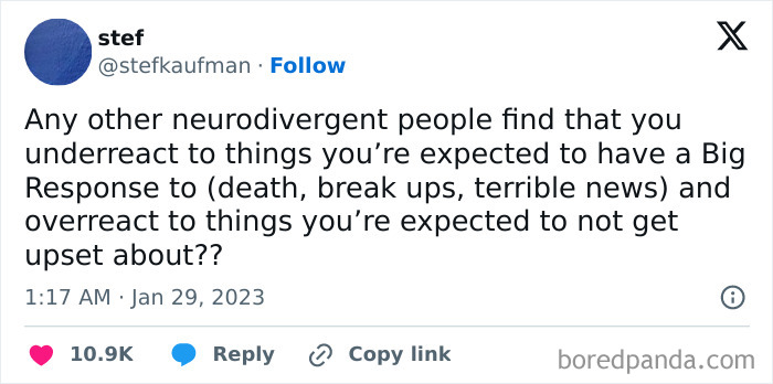 Tweet about neurodivergent people relating to underreacting and overreacting in expected emotional situations.