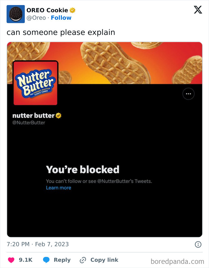 Screenshot of a humorous social media interaction where Oreo asks Nutter Butter why it is blocked.