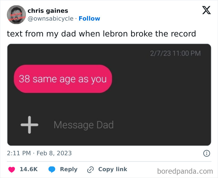 Screenshot of a hilarious dad’s text about LeBron breaking the record, showing funny fatherhood moments.