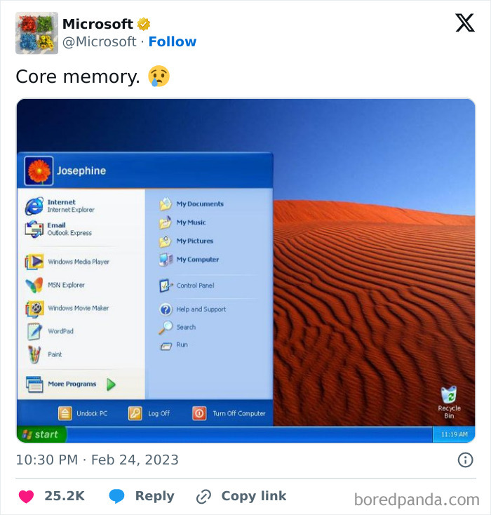 Screenshot of an old Windows desktop showing classic start menu and desert wallpaper from a social media post about funny content.
