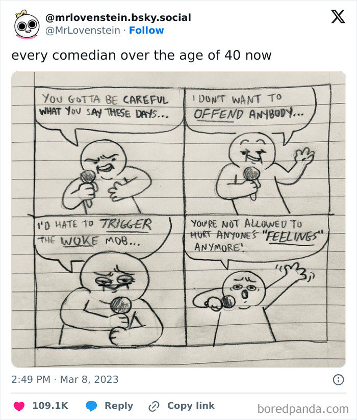 Hand-drawn comic about comedians over 40 navigating life after 40 with cautious humor and social awareness.