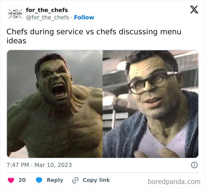 Side-by-side meme showing angry and calm Hulk to illustrate relatable chef memes about kitchen stress and humor.