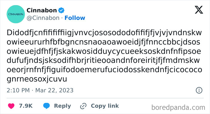 Tweet from Cinnabon’s official social media account with a humorous random string of keyboard characters.
