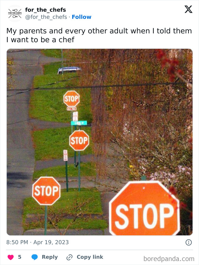 Multiple stop signs on a sidewalk representing how adults react to someone wanting to become a chef, chef memes humor.