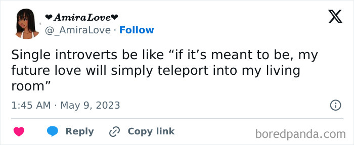 Tweet about single introverts humorously hoping their future love will teleport to their living room, reflecting social anxiety memes.