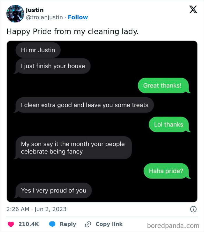 Text message exchange showing a cleaning lady’s kind words and pride, highlighting very important positivity and uplifting communication.