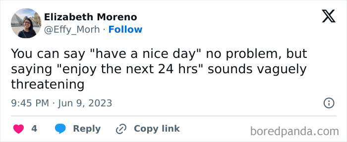 Tweet text about casual nihilism humor, highlighting the awkwardness of saying "enjoy the next 24 hrs" in relatable memes.