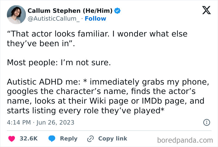 Social media post humor about neurodivergents googling actors' roles, relatable to autistic and ADHD experiences.