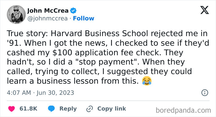 Tweet showing a brutal rejection story from Harvard Business School with a witty response baffling many viewers.