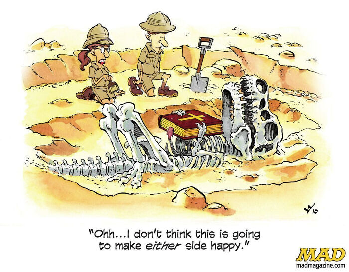Cartoon showing archaeologists digging up a dinosaur skeleton holding a cross, highlighting cringy boomer internet jokes.