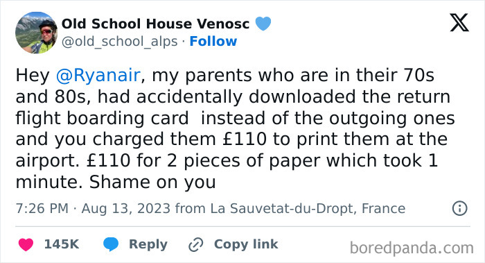 Tweet screenshot showing complaint about a £110 fee for printing boarding passes, highlighting ridiculous fees frustration.