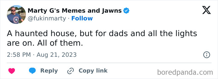 A wholesome dad humor meme about a haunted house with all the lights on, showing funny dads doing their best.
