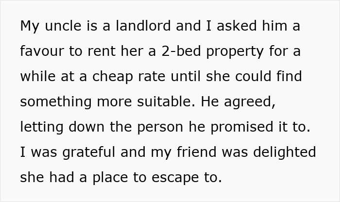 Text excerpt about helping a friend escape an abusive marriage by providing a rented property at a cheap rate.