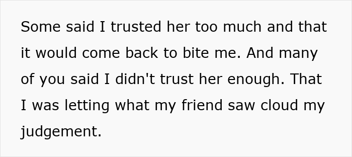 Alt text: Text about best friend saw girlfriend with another man affecting trust and judgment in a personal email.