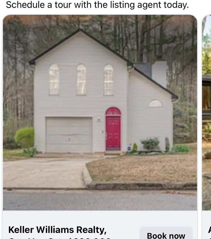White house with a red door and mismatched window shapes showing creative home design fails in a suburban setting.