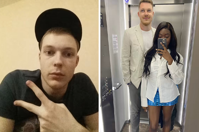 Before and after transformation of a man who married a Black woman, shown in solo and couple photos in casual and formal settings.