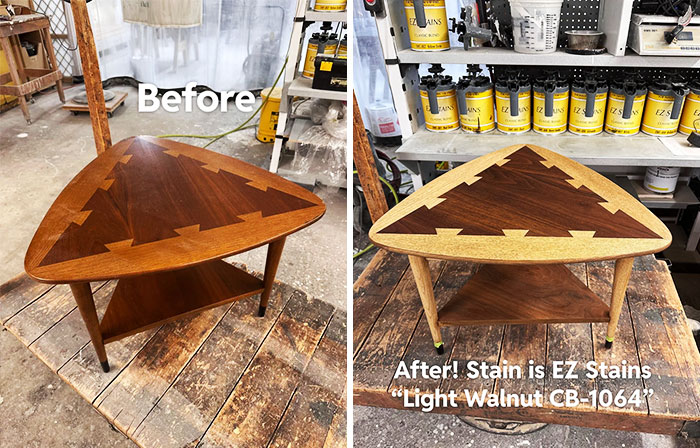 Triangular wooden table before and after refinishing with EZ Stains Light Walnut, showcasing expert furniture flipping skills.