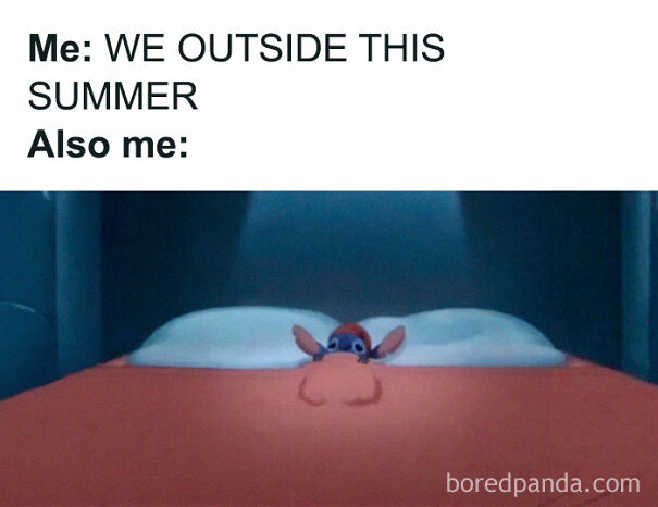 Funny summer meme showing a character hiding under blankets, highlighting the humor of pretending to enjoy being outside.