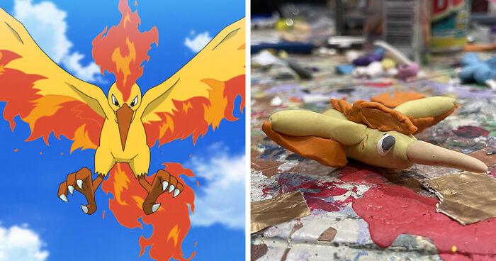 Side-by-side comparison of a fiery bird Pokemon and a poorly-made favorite Pokemons clay model on a paint-splattered surface.
