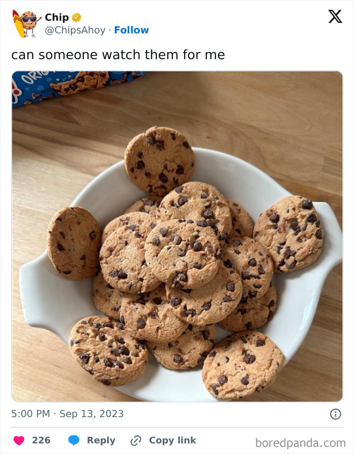 Bowl filled with chocolate chip cookies shared by official social media account, showcasing funny posts and humor online.